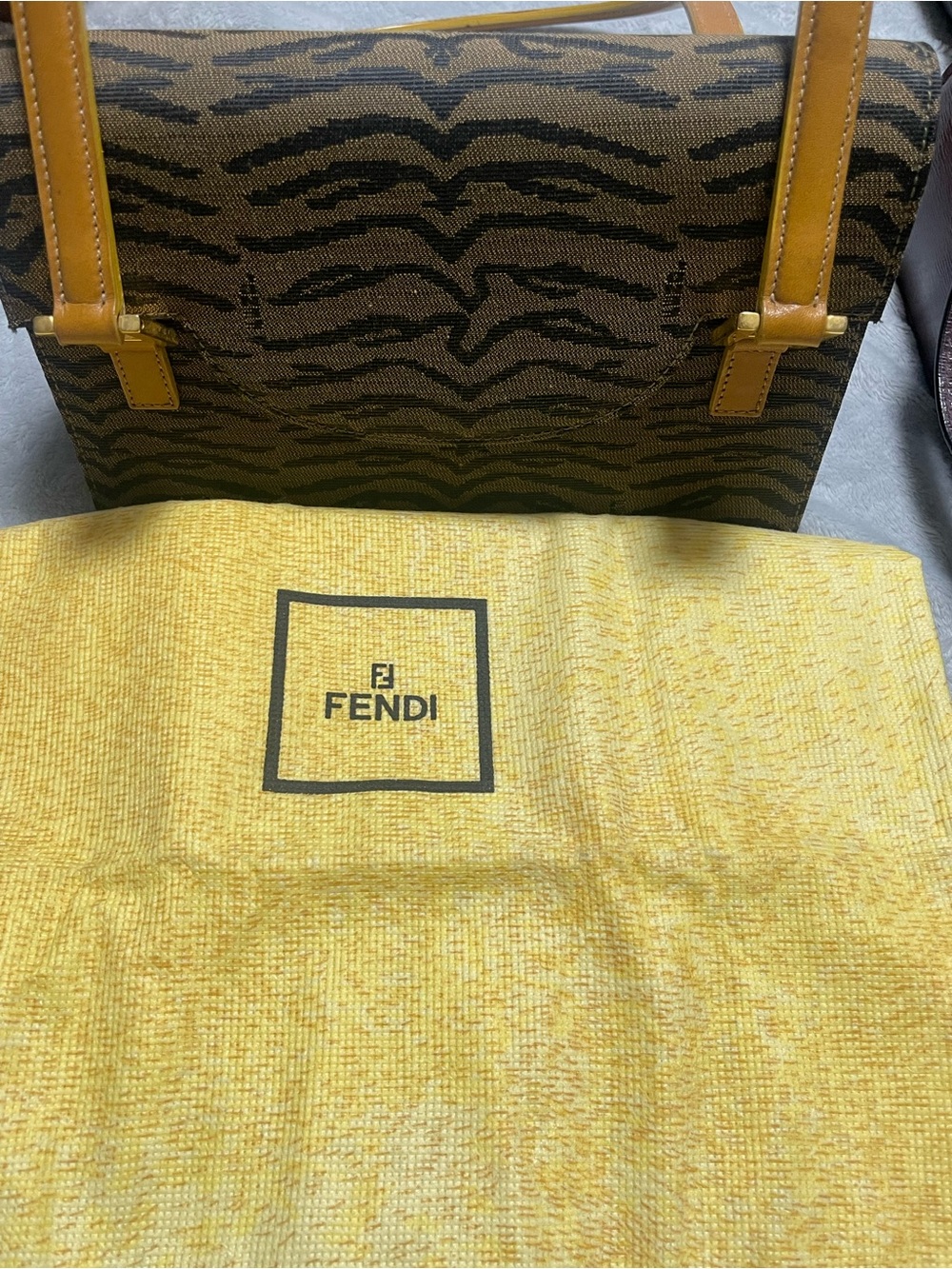 Fendi Brown Tiger-Print Canvas Tote with Yellow Leather Trim